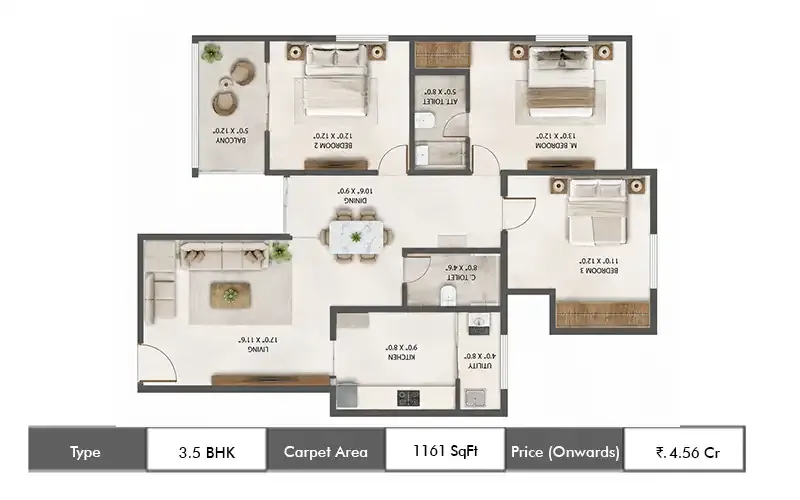 Lodha Riservo 3.5 BHK floor plan, 1161 sq ft carpet area
