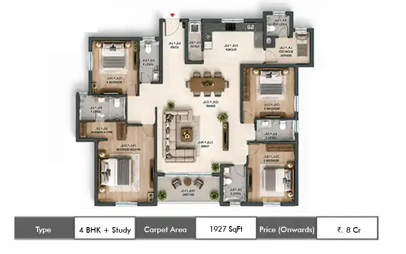 Lodha Riservo 4 BHK + Study floor plan, 1927 sq ft carpet area