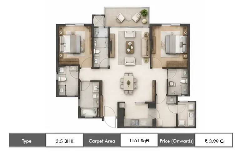 Lodha Riservo 3.5 BHK floor plan, 1161 sq ft carpet area