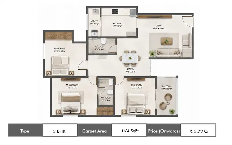 Lodha Riservo 3 BHK floor plan, 1074 sq ft carpet area