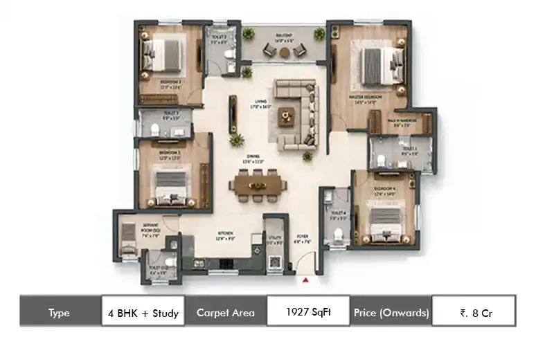 Lodha Riservo 4 BHK + Study floor plan, 1927 sq ft carpet area