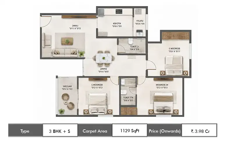 Lodha Riservo 3 BHK + S floor plan, 1129 sq ft carpet area