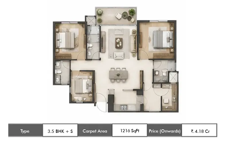 Lodha Riservo 3.5 BHK + S floor plan, 1216 sq ft carpet area